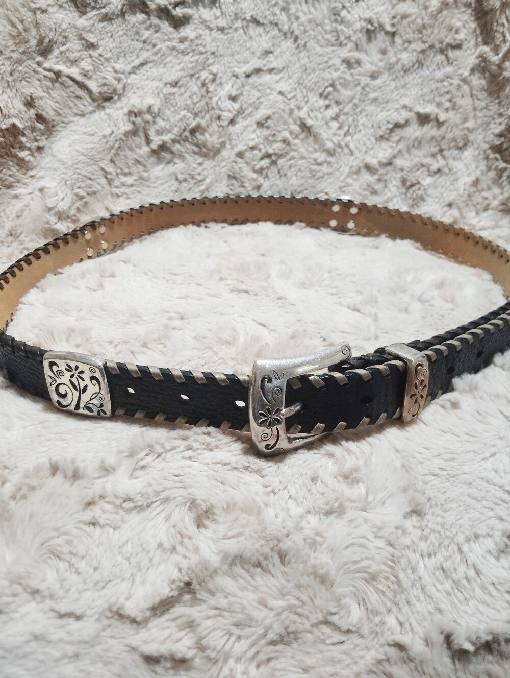 Brighton,Black Leather Women's Belt with Floral Silver Accents. Size 38